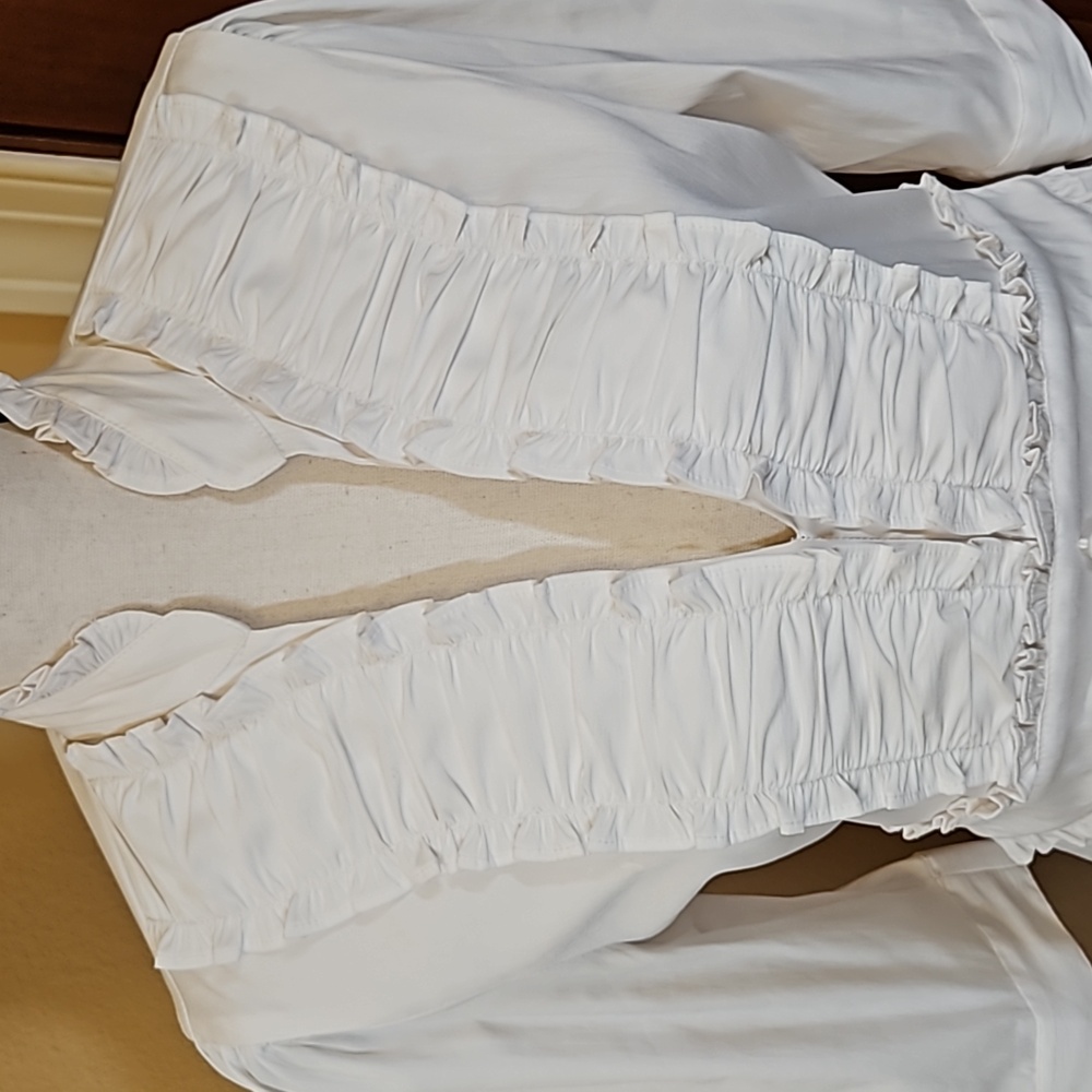 ANTILIA FEMME RUFFLE BLOUSE TOP STRETCH WHITE M TIE WAIST 3/4 SLEEVE - Picture 3 of 10